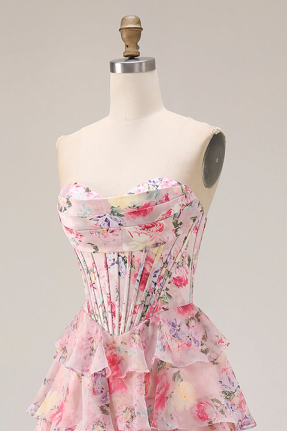 Pink Floral Print Sweetheart A-Line Corset Tiered Long Prom Dress with Ruffles - Image 6