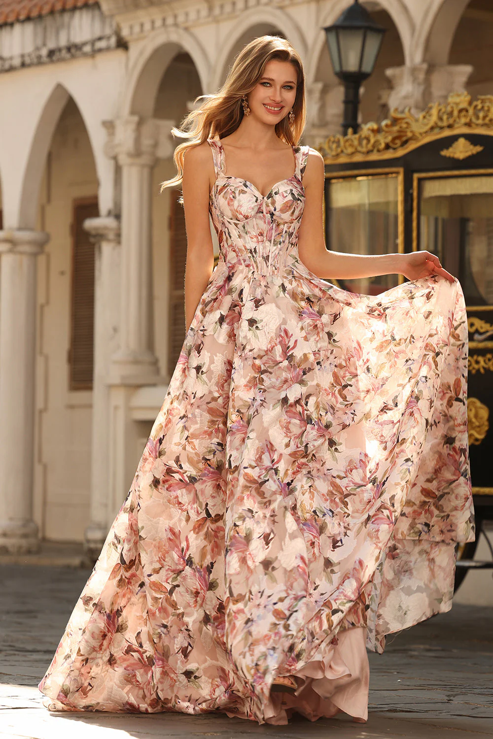 Pink Floral Printed A-Line Corset Long Prom Dress - Image 4