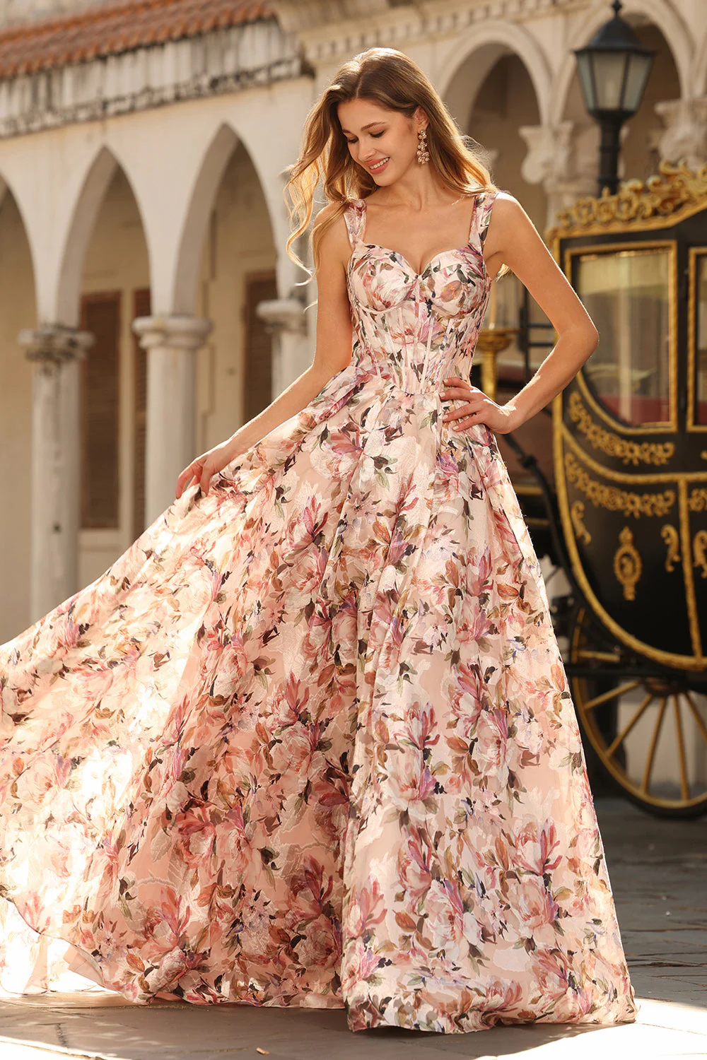 Pink Floral Printed A-Line Corset Long Prom Dress - Image 5