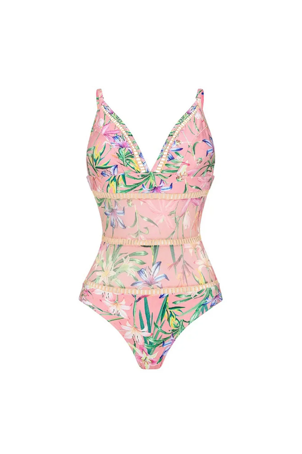 Pink Floral Ruffled Spaghetti Straps 2 Piece Swimsuit with Beach Dress - Image 2