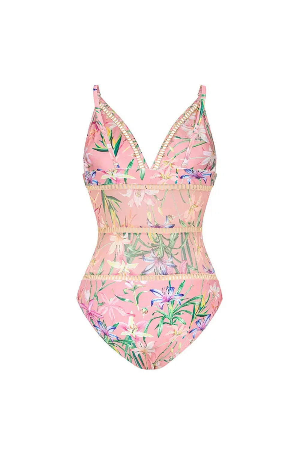 Pink Floral Ruffled Spaghetti Straps 2 Piece Swimsuit with Beach Dress - Image 3
