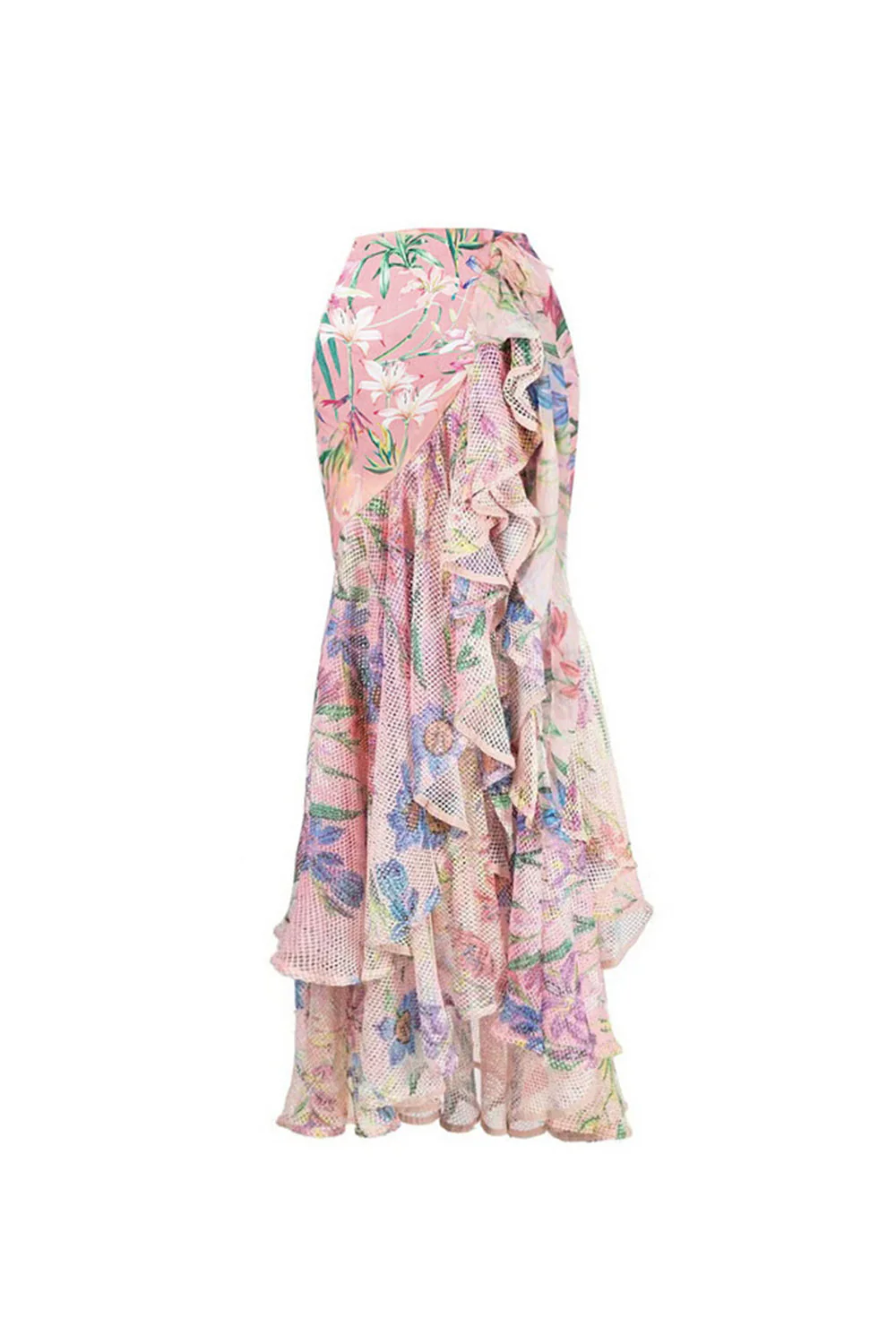 Pink Floral Ruffled Spaghetti Straps 2 Piece Swimsuit with Beach Dress - Image 4