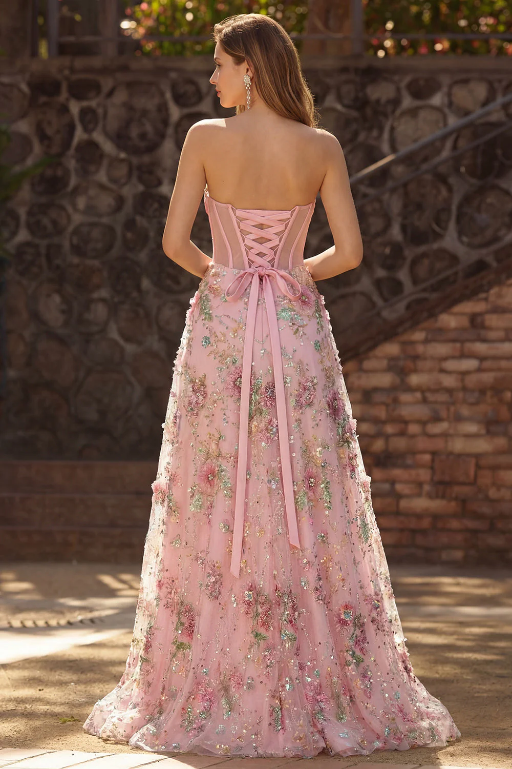 Pink Floral Strapless A-Line Sheer Corset Sequin Long Prom Dress with Slit - Image 2