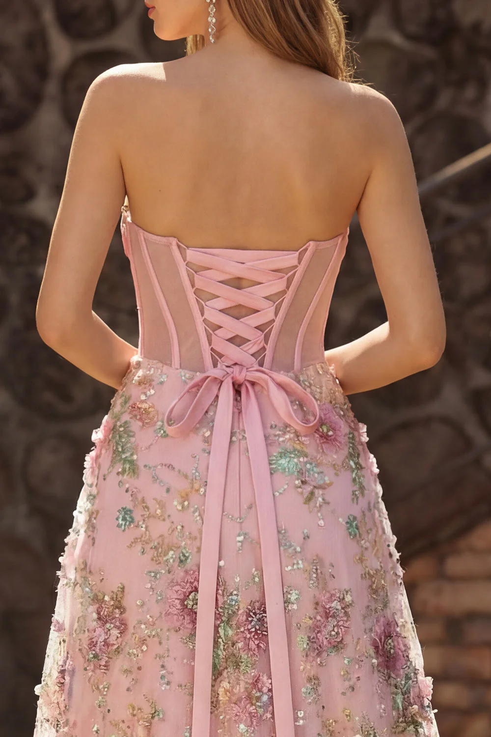 Pink Floral Strapless A-Line Sheer Corset Sequin Long Prom Dress with Slit - Image 4