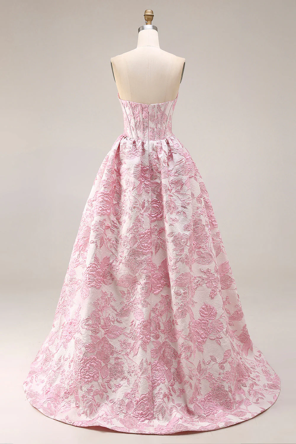 Pink Floral Strapless Corset Jacquard Brocade A-Line Long Prom Dress with Slit - Image 2