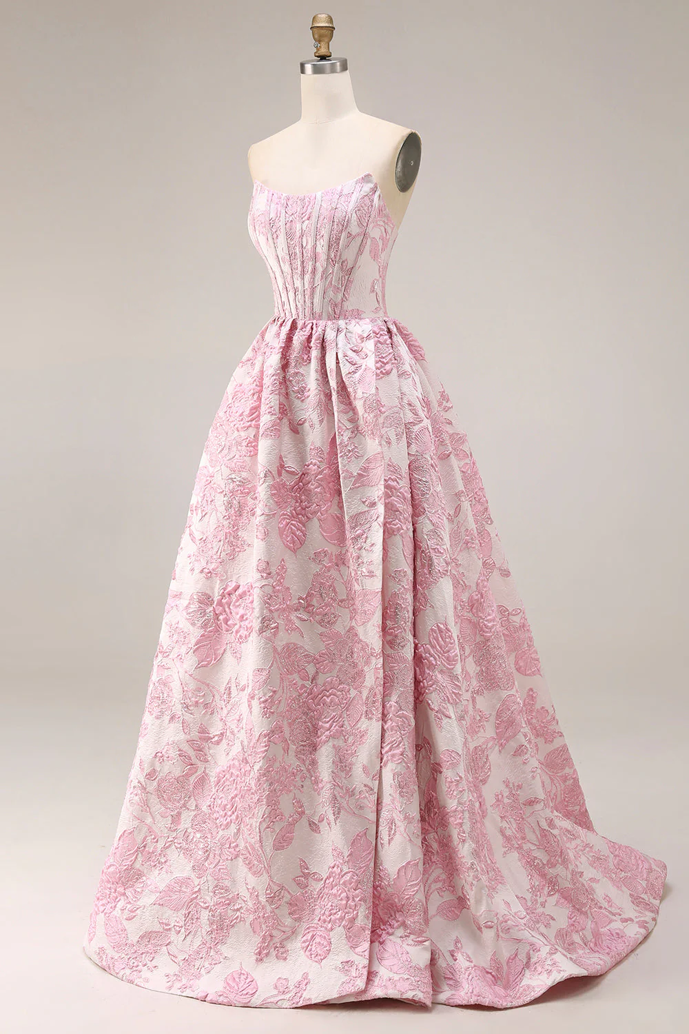 Pink Floral Strapless Corset Jacquard Brocade A-Line Long Prom Dress with Slit - Image 3