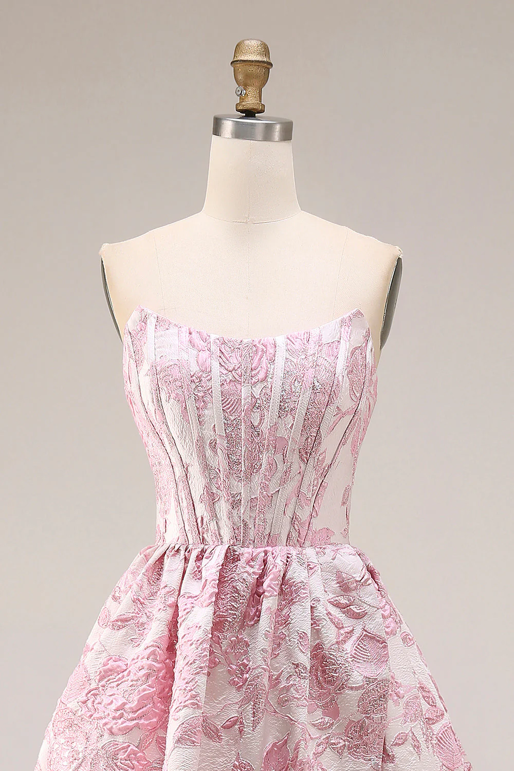 Pink Floral Strapless Corset Jacquard Brocade A-Line Long Prom Dress with Slit - Image 4