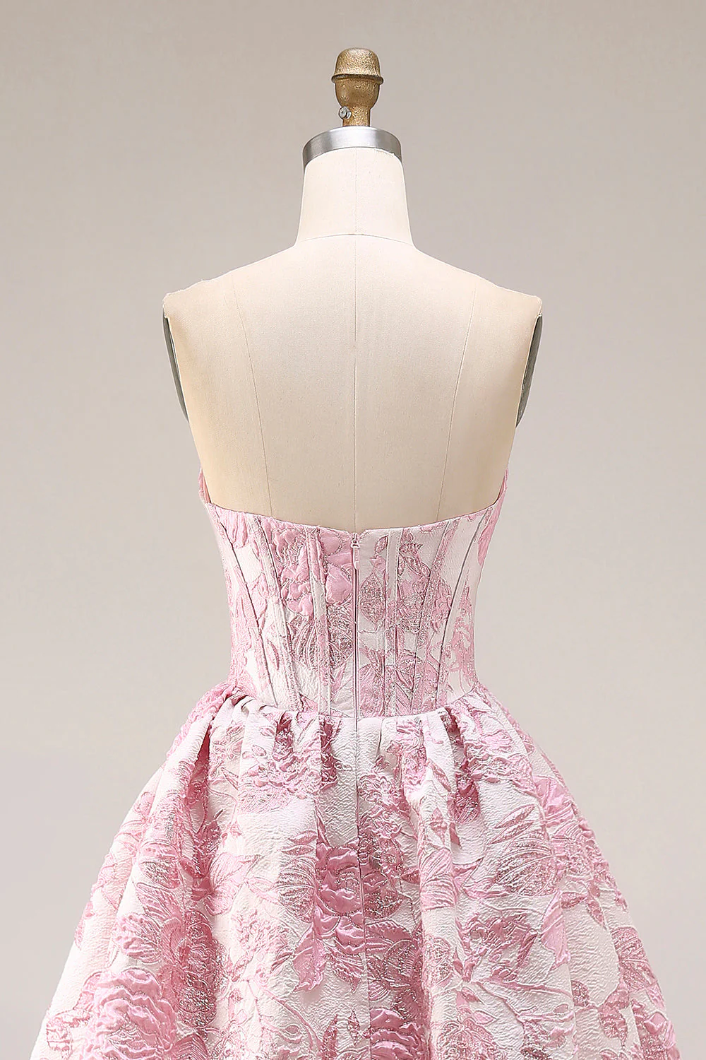 Pink Floral Strapless Corset Jacquard Brocade A-Line Long Prom Dress with Slit - Image 5