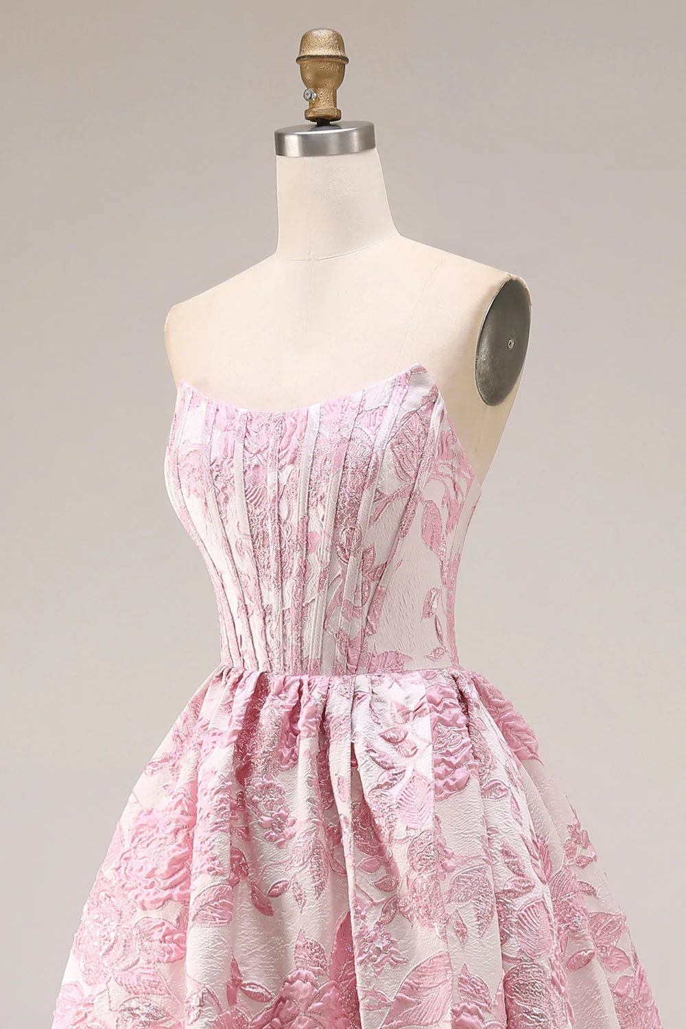 Pink Floral Strapless Corset Jacquard Brocade A-Line Long Prom Dress with Slit - Image 6