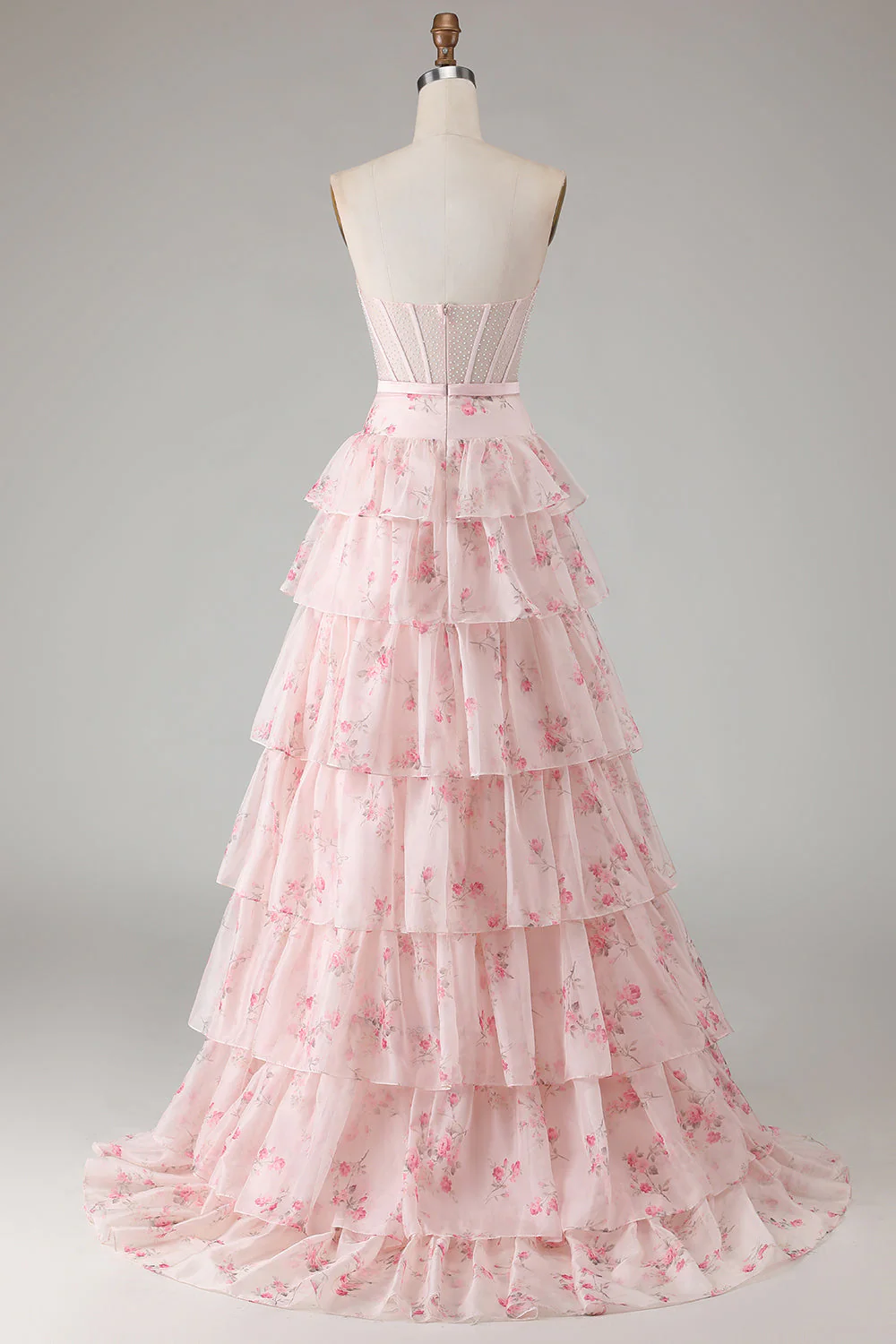 Pink Floral Strapless Tiered A Line Corset Print Beaded Long Prom Dress with Ruffles - Image 2