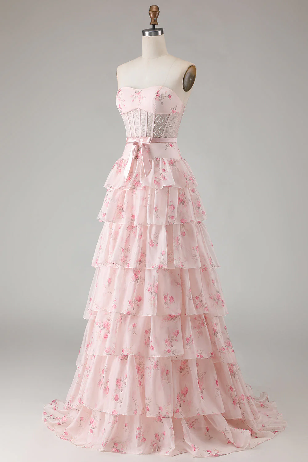 Pink Floral Strapless Tiered A Line Corset Print Beaded Long Prom Dress with Ruffles - Image 3