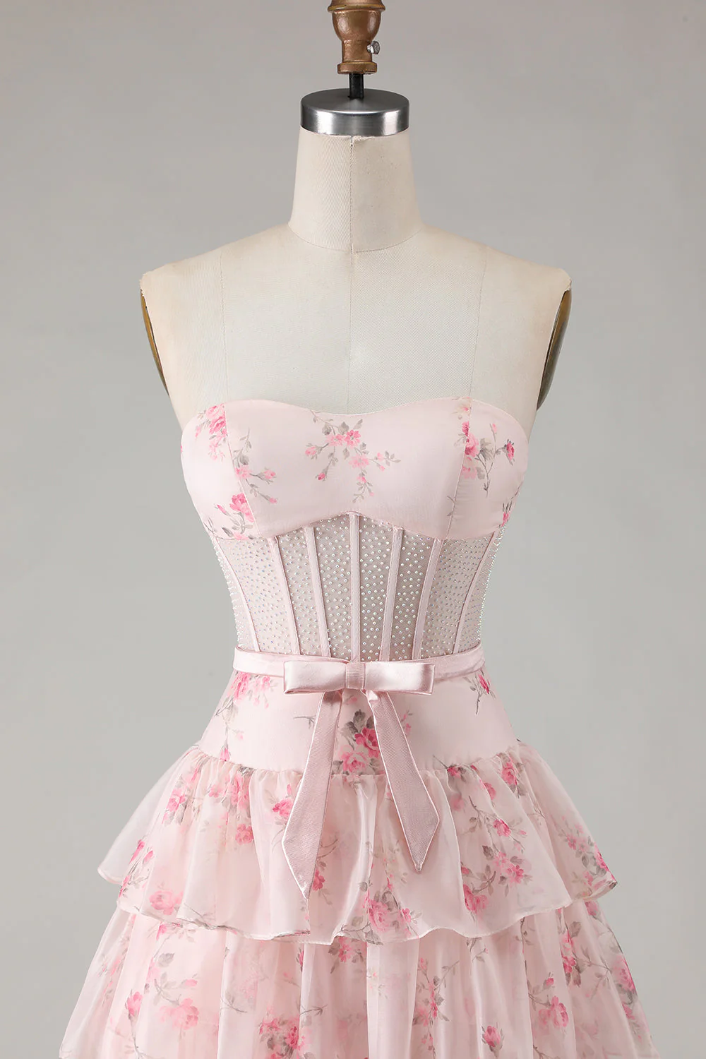 Pink Floral Strapless Tiered A Line Corset Print Beaded Long Prom Dress with Ruffles - Image 4