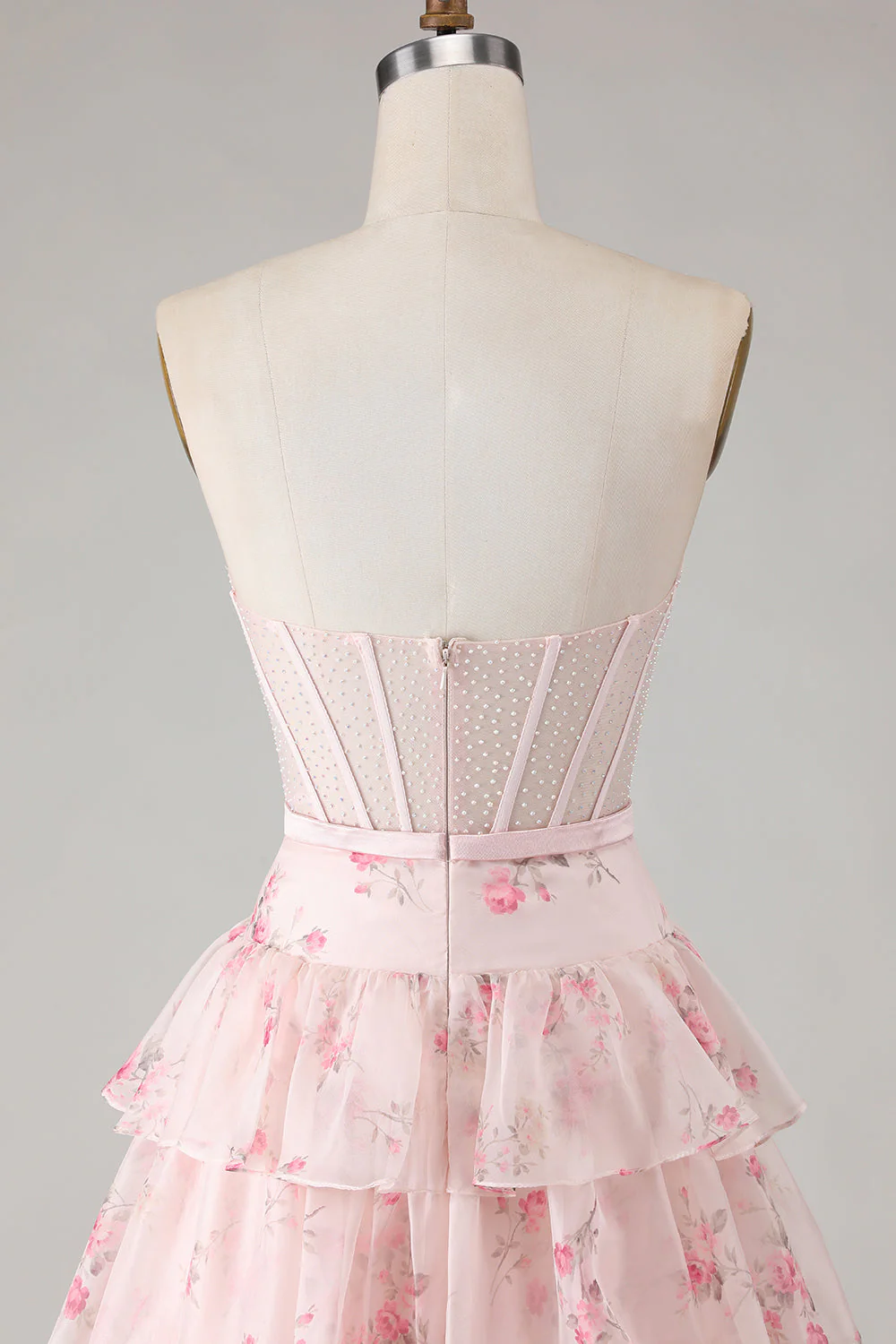 Pink Floral Strapless Tiered A Line Corset Print Beaded Long Prom Dress with Ruffles - Image 5