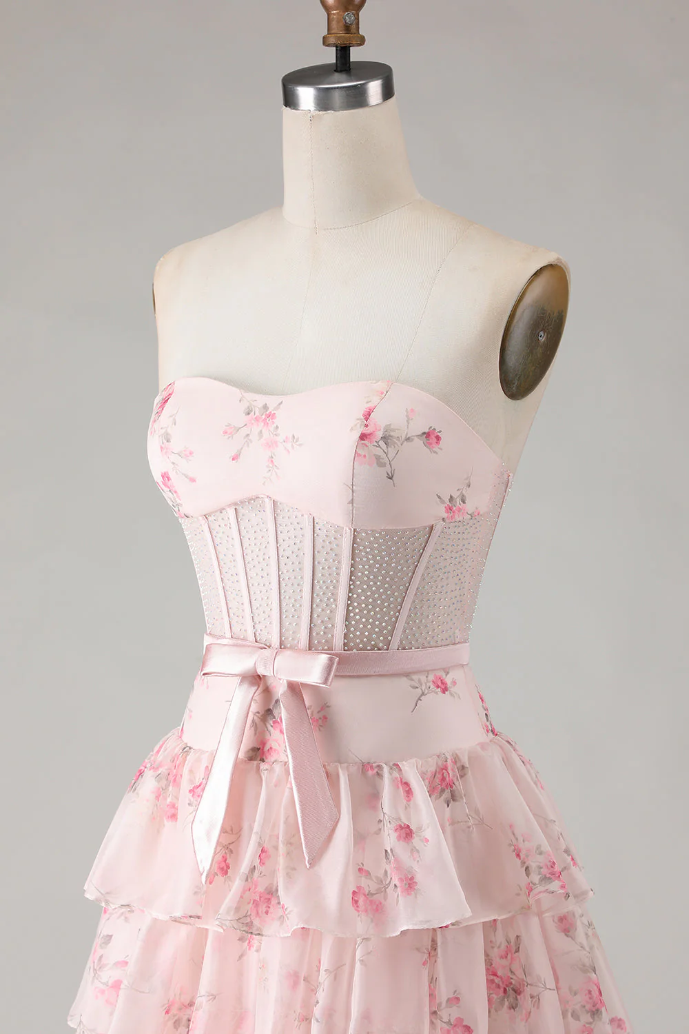 Pink Floral Strapless Tiered A Line Corset Print Beaded Long Prom Dress with Ruffles - Image 6