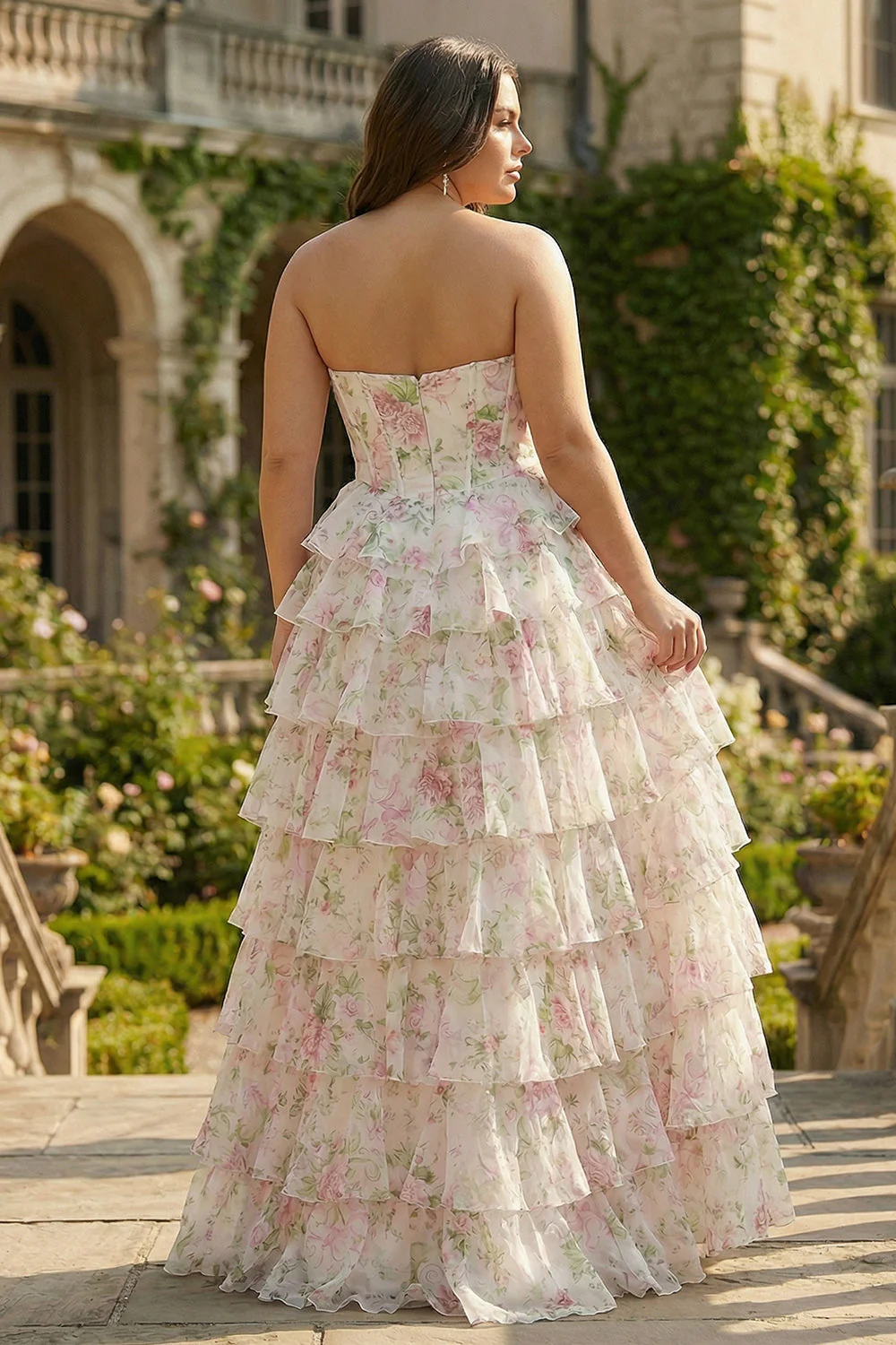 Pink Floral Sweetheart Corset A-Line Tiered Plus Size Long Prom Dress with Slit - Image 2
