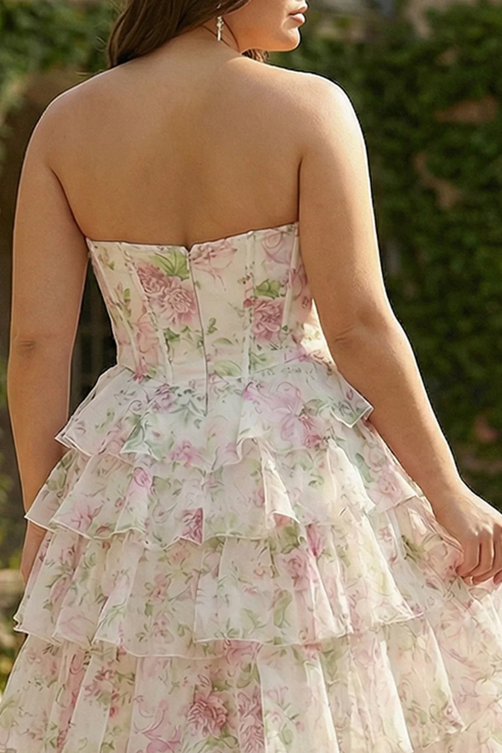 Pink Floral Sweetheart Corset A-Line Tiered Plus Size Long Prom Dress with Slit - Image 5