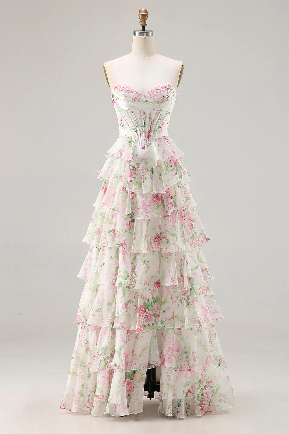 Pink Floral Sweetheart Corset A-Line Tiered Plus Size Long Prom Dress with Slit - Image 7