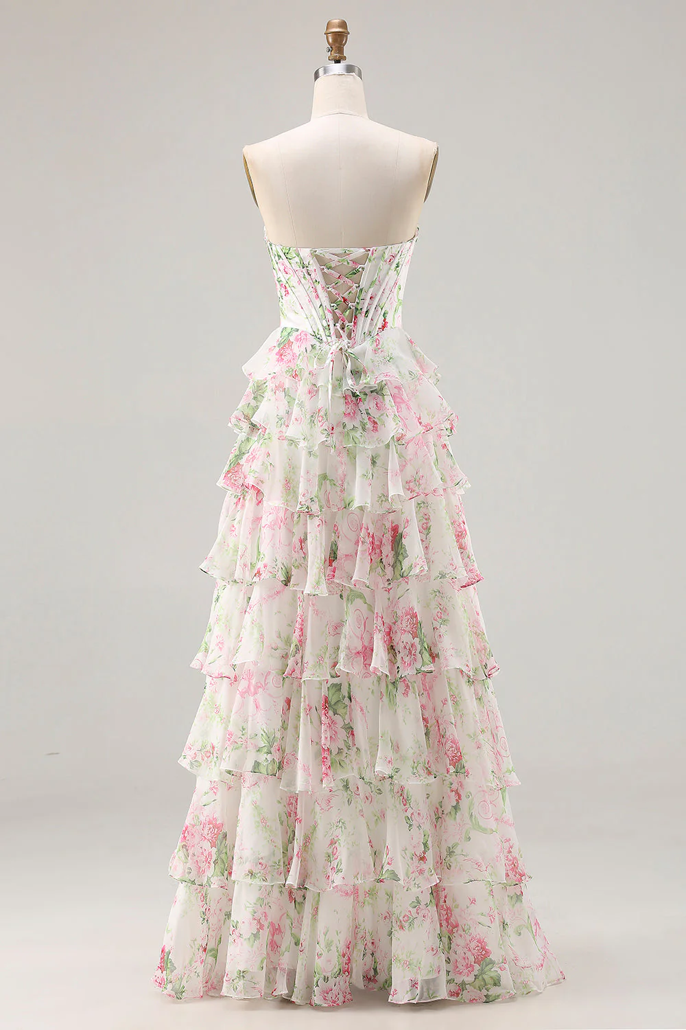 Pink Floral Sweetheart Corset A-Line Tiered Plus Size Long Prom Dress with Slit - Image 8