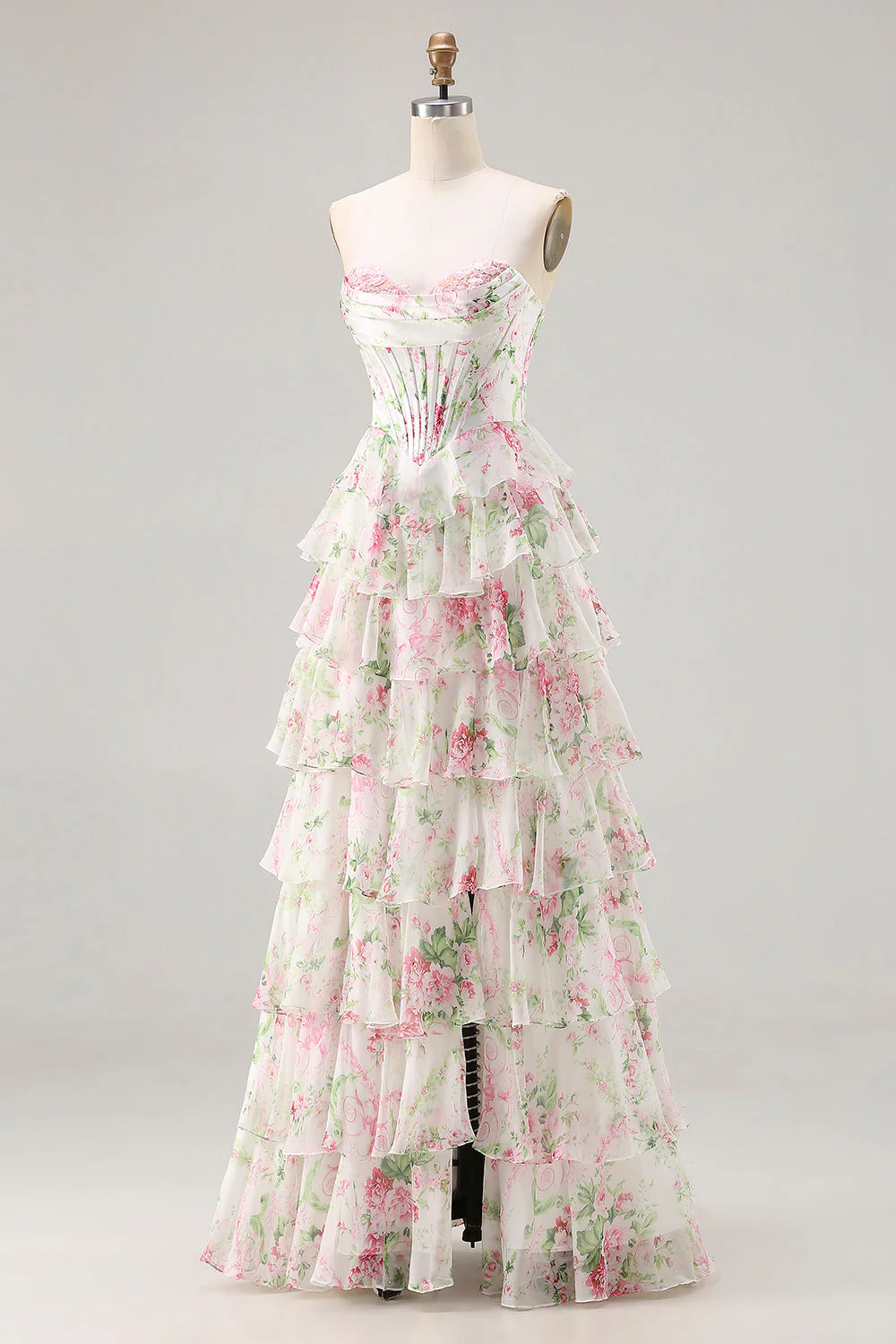 Pink Floral Sweetheart Corset A-Line Tiered Plus Size Long Prom Dress with Slit - Image 9