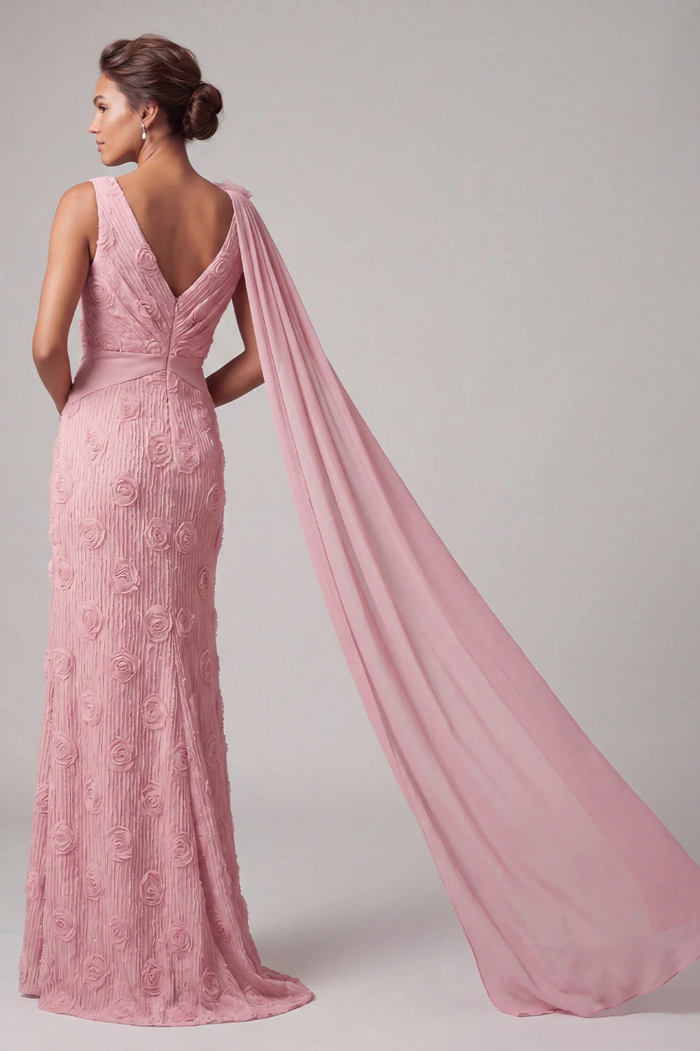 Pink Mermaid 3D Flowers Long Mother Of the Bride Dress with Streamer - Image 2