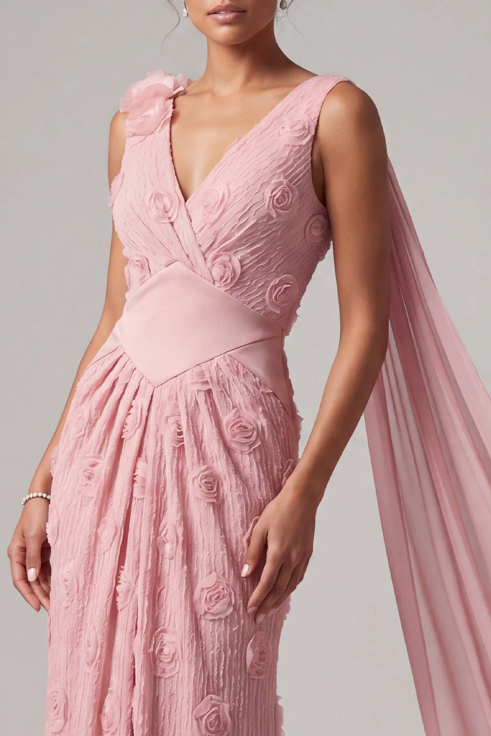Pink Mermaid 3D Flowers Long Mother Of the Bride Dress with Streamer - Image 3