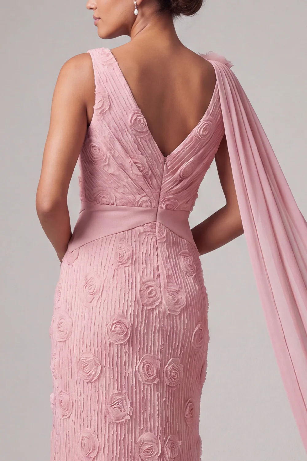 Pink Mermaid 3D Flowers Long Mother Of the Bride Dress with Streamer - Image 4