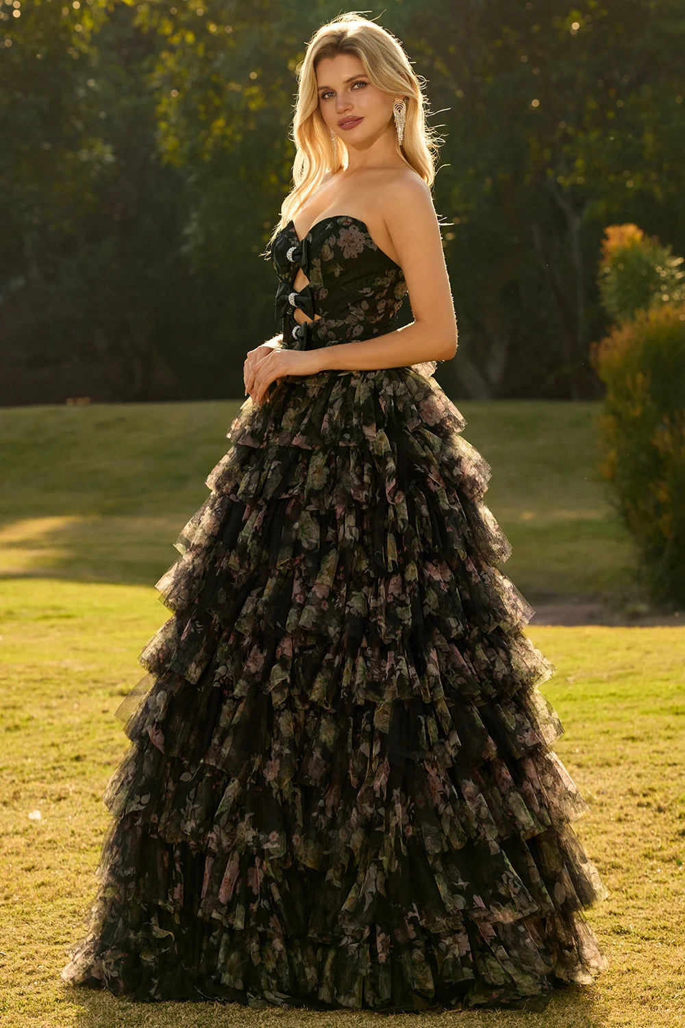 Pink Flower A-Line Cut Out Strapless Tiered Ruffle Long Prom Dress with Bows - Image 12