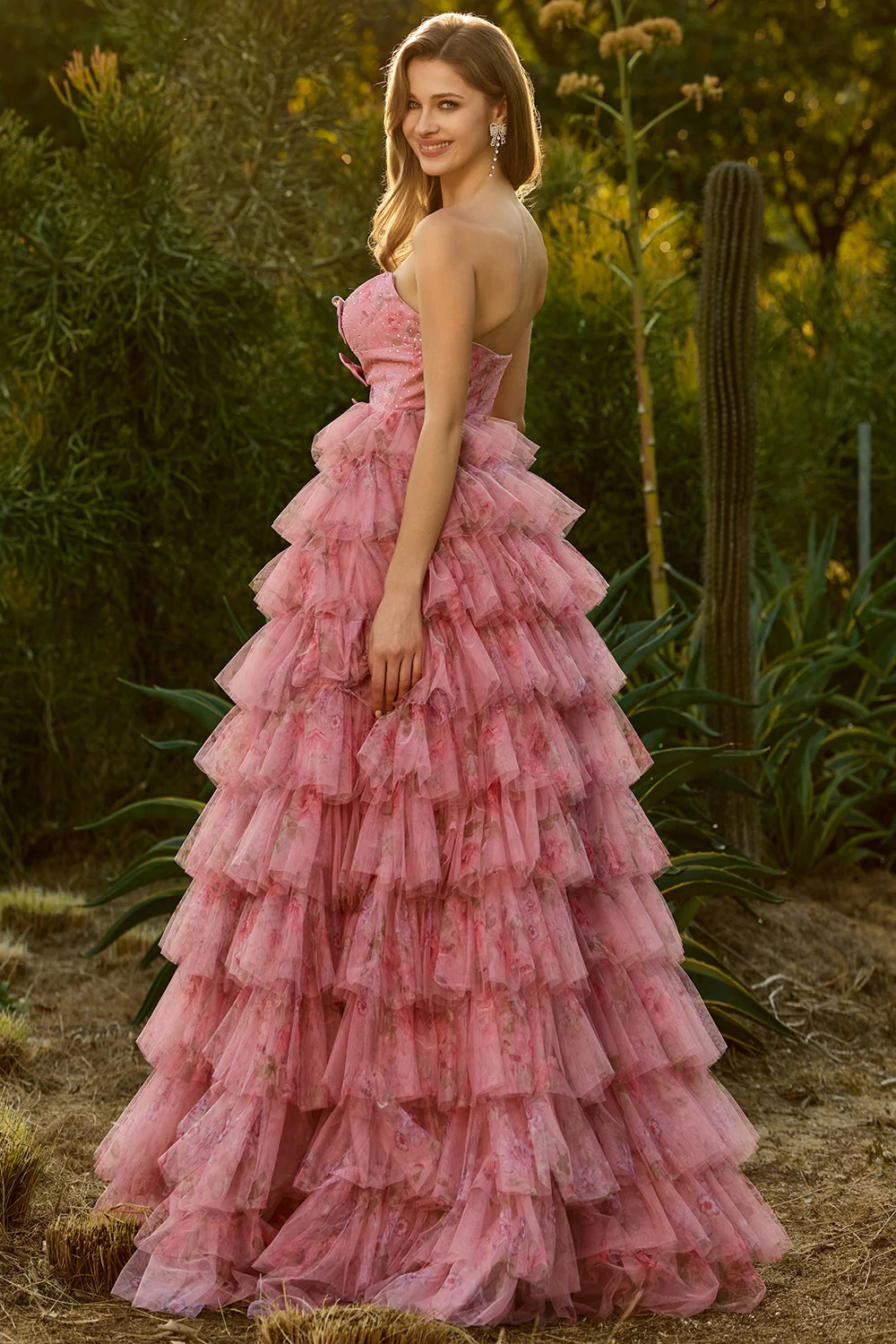 Pink Flower A-Line Cut Out Strapless Tiered Ruffle Long Prom Dress with Bows - Image 2