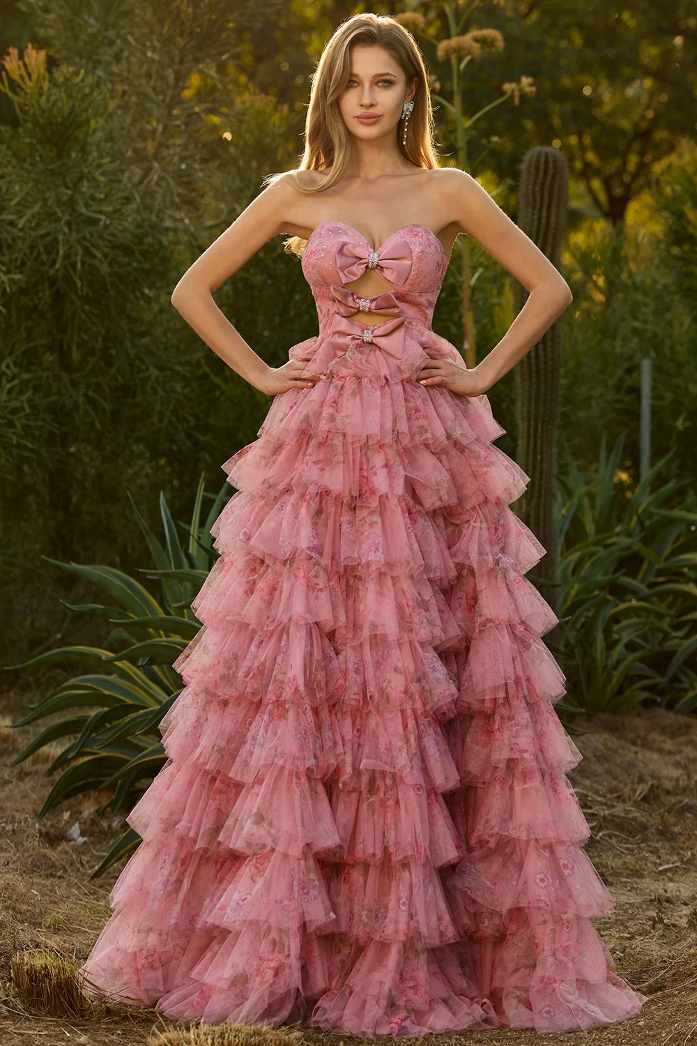 Pink Flower A-Line Cut Out Strapless Tiered Ruffle Long Prom Dress with Bows - Image 3