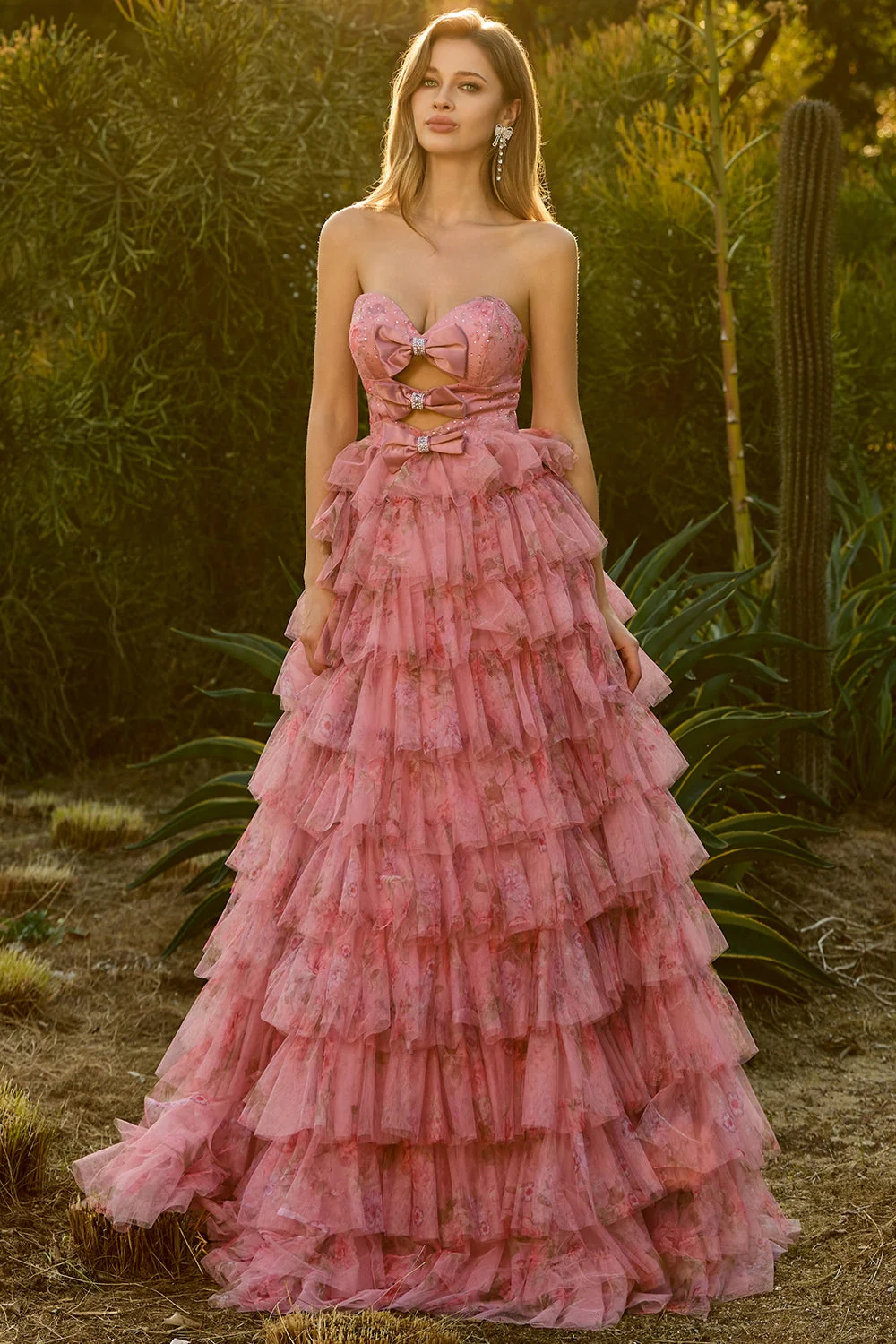 Pink Flower A-Line Cut Out Strapless Tiered Ruffle Long Prom Dress with Bows - Image 6