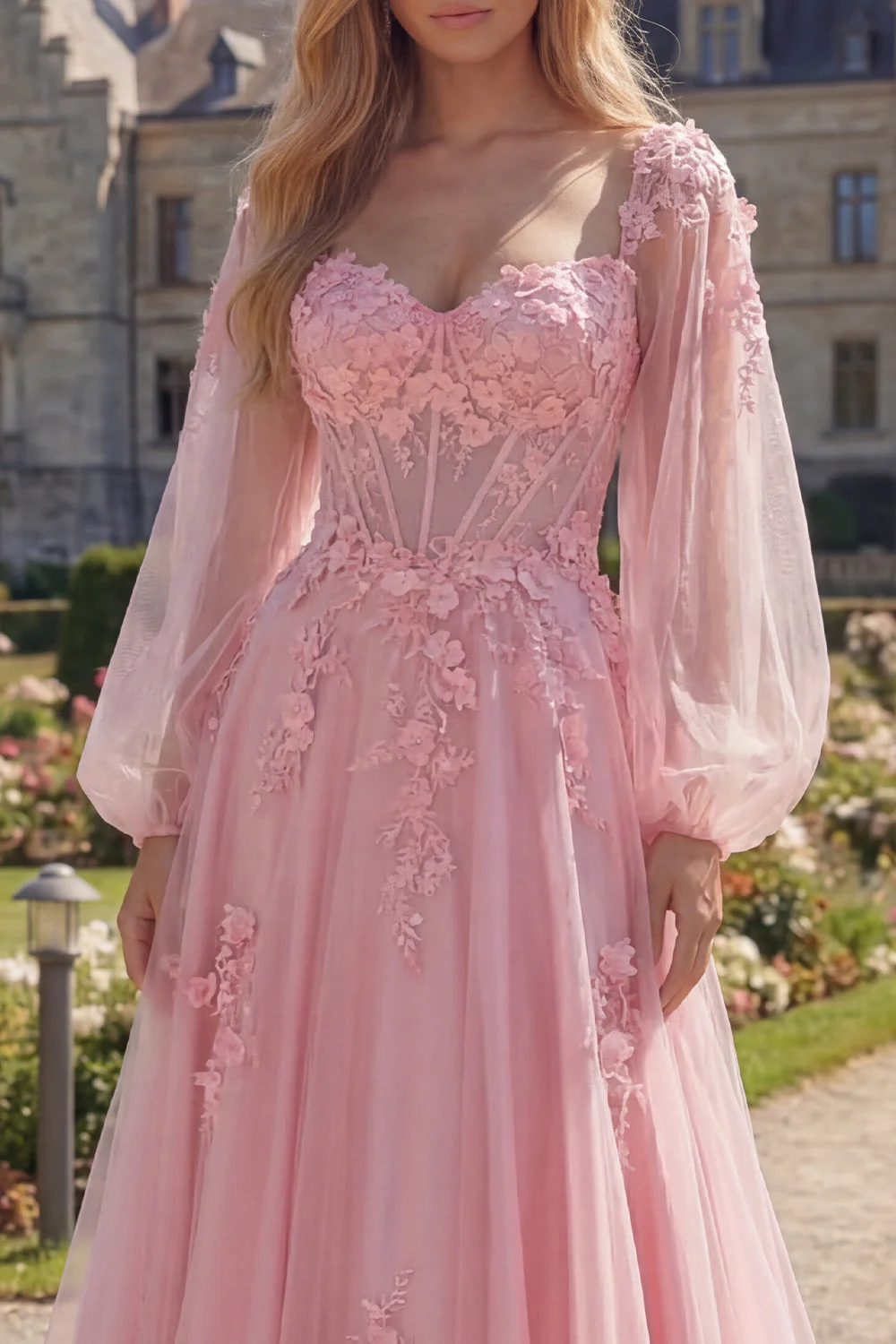 Pink Flower A-Line Sheer Corset Appliqued Long Prom Dress with Long Sleeves - Image 3