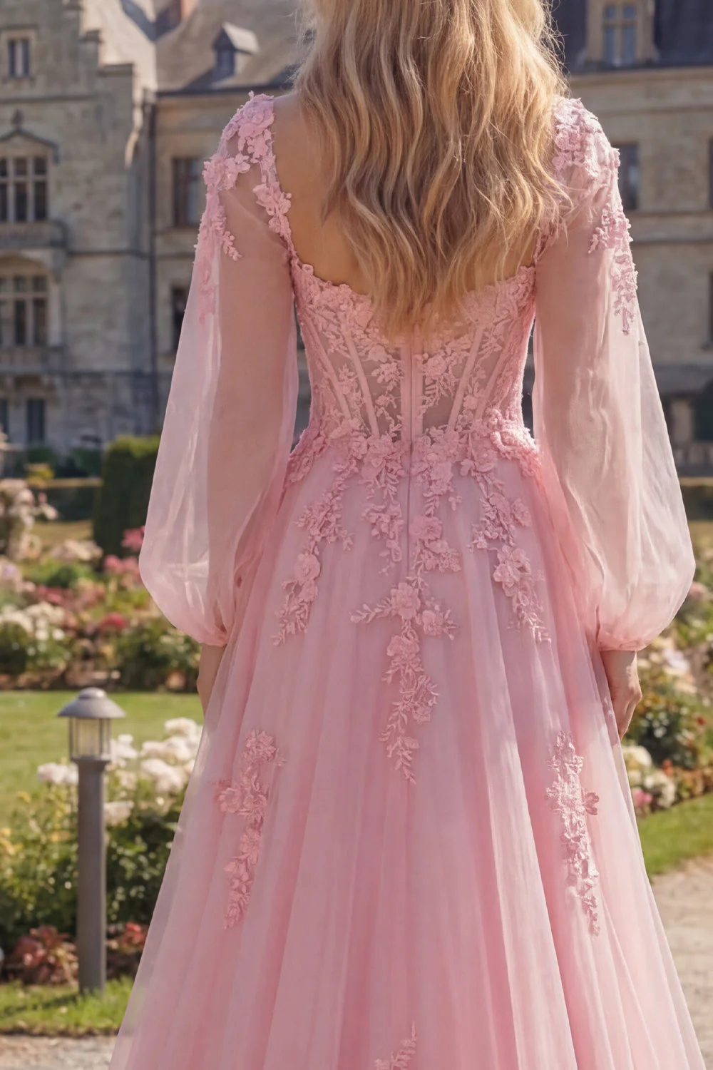 Pink Flower A-Line Sheer Corset Appliqued Long Prom Dress with Long Sleeves - Image 4