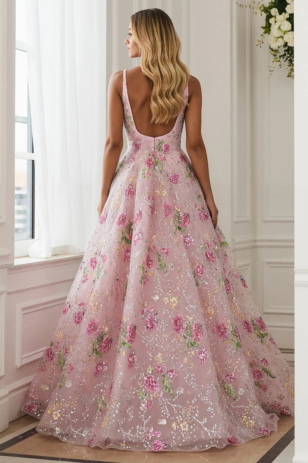 Pink Flower A Line V Neck Open Back Long Prom Dress with Beading - Image 2