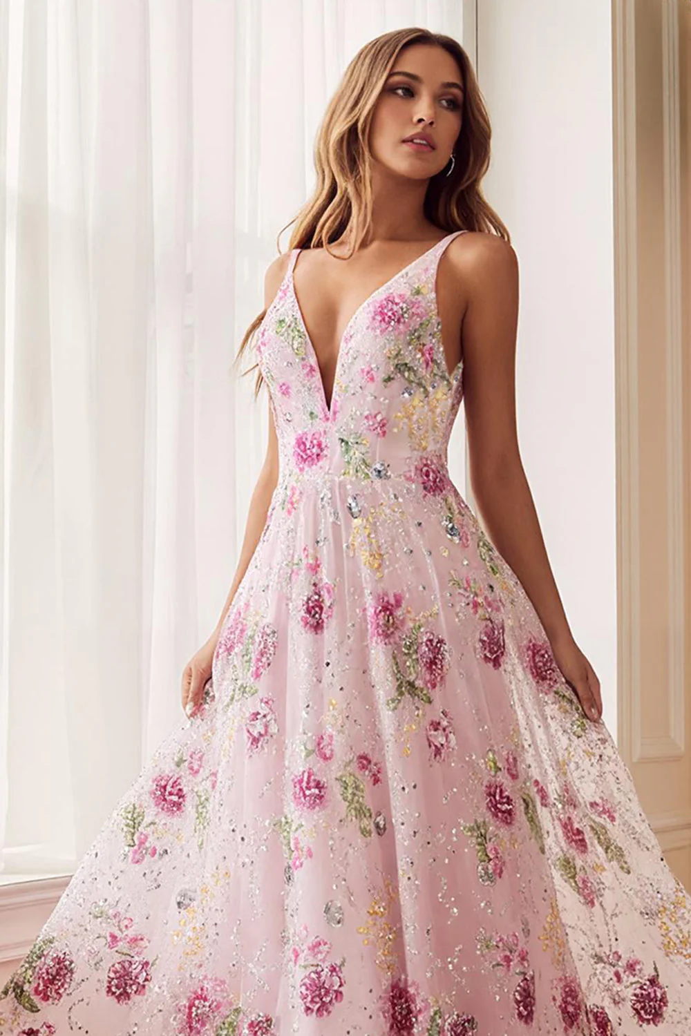 Pink Flower A Line V Neck Open Back Long Prom Dress with Beading - Image 3