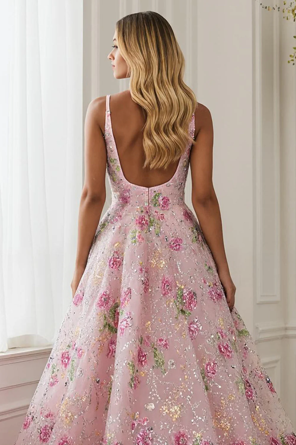 Pink Flower A Line V Neck Open Back Long Prom Dress with Beading - Image 4