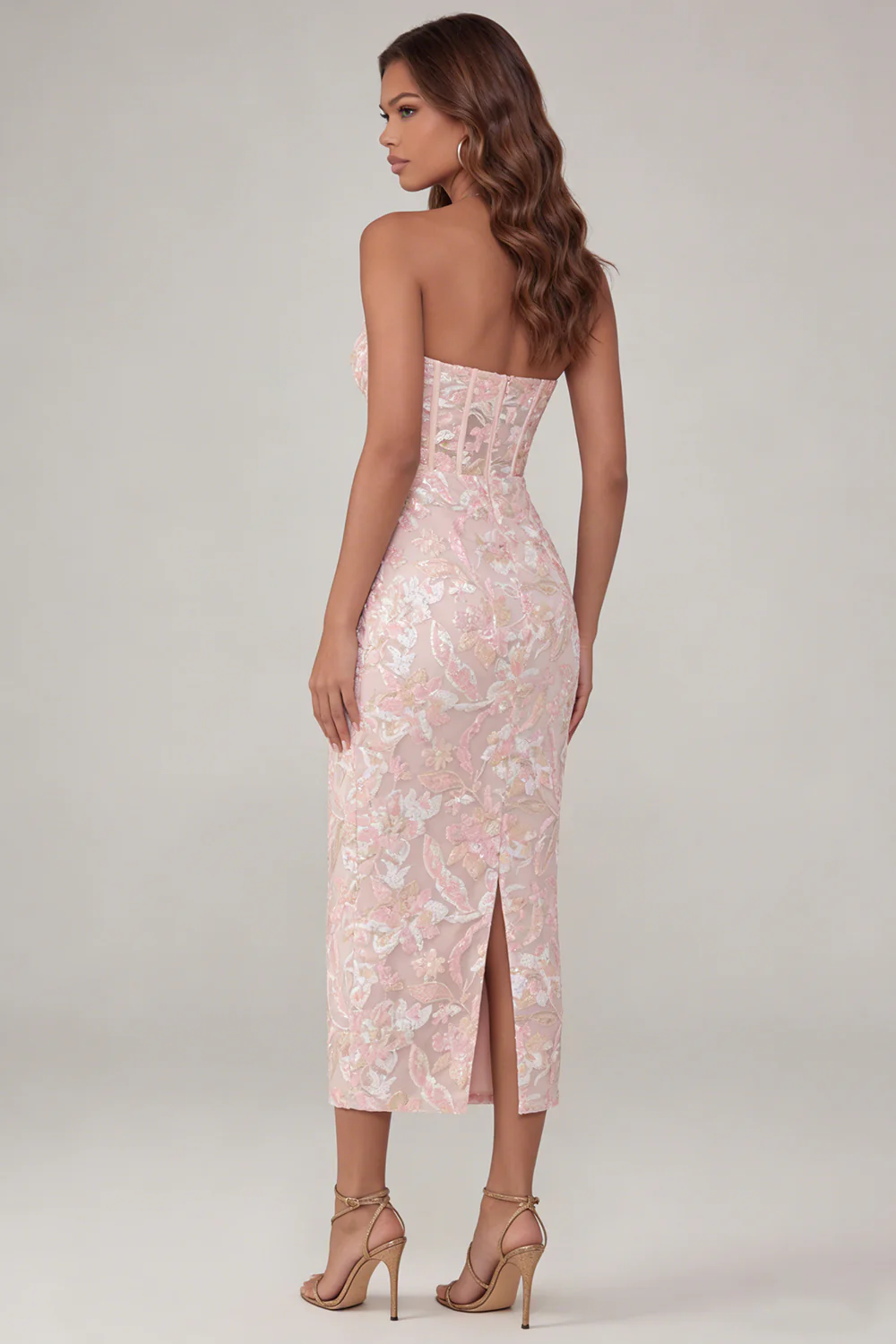 Pink Flower Sheath Corset Strapless Midi Dress with Sequin - Image 2