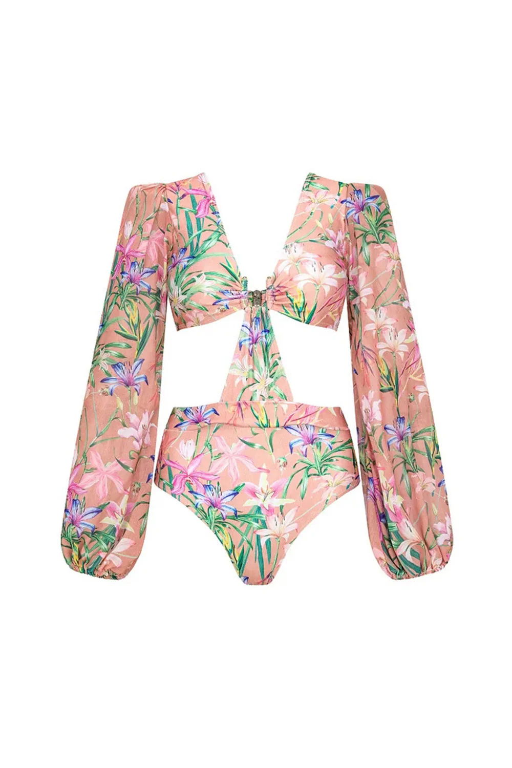 Pink Flower Long Sleeves 2 Piece Cut Out Ruffled Swimsuit with Beach Dress - Image 2