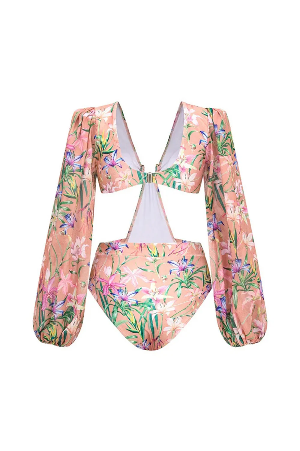Pink Flower Long Sleeves 2 Piece Cut Out Ruffled Swimsuit with Beach Dress - Image 3
