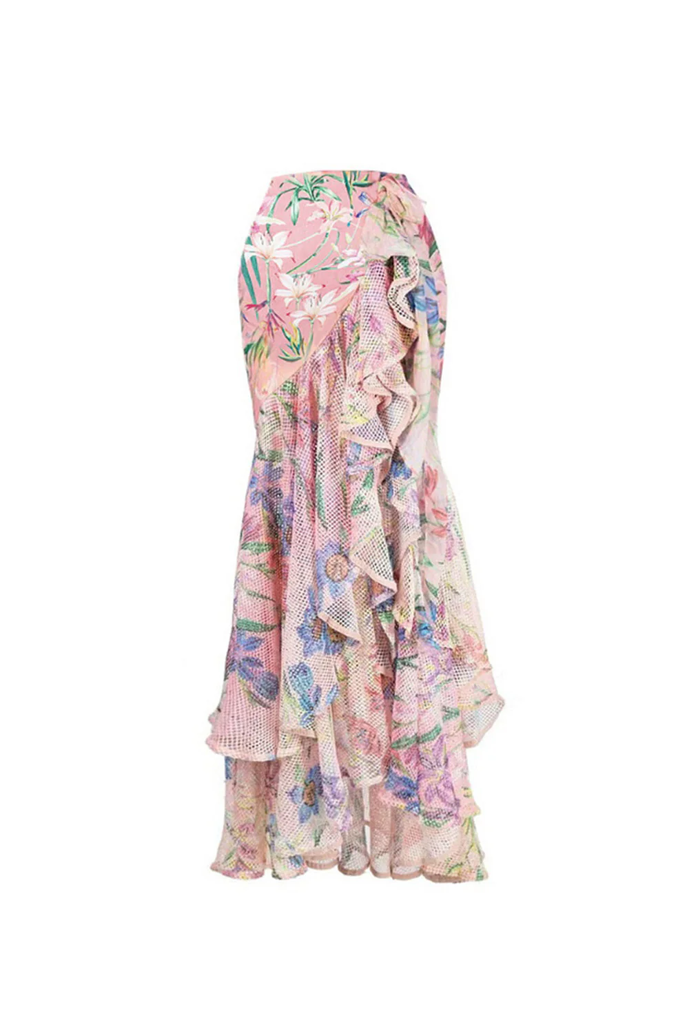 Pink Flower Long Sleeves 2 Piece Cut Out Ruffled Swimsuit with Beach Dress - Image 4
