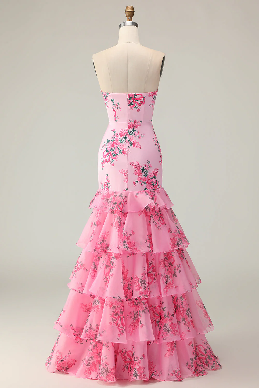 Pink Flower Strapless Tiered Mermaid Long Prom Dress with Ruffles - Image 2