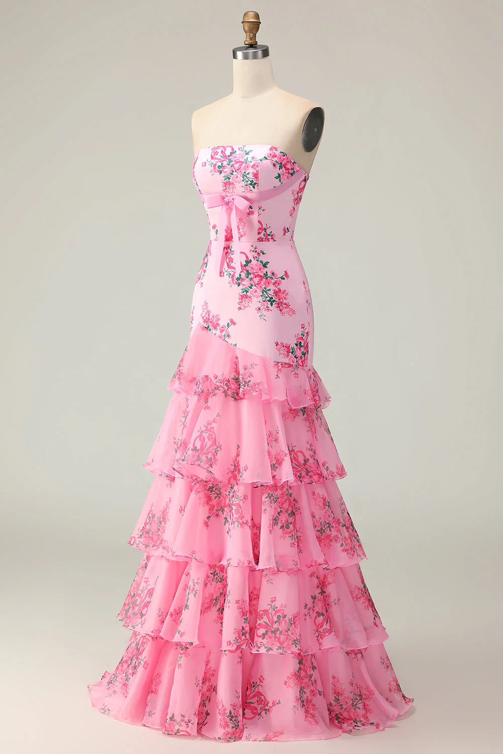 Pink Flower Strapless Tiered Mermaid Long Prom Dress with Ruffles - Image 3