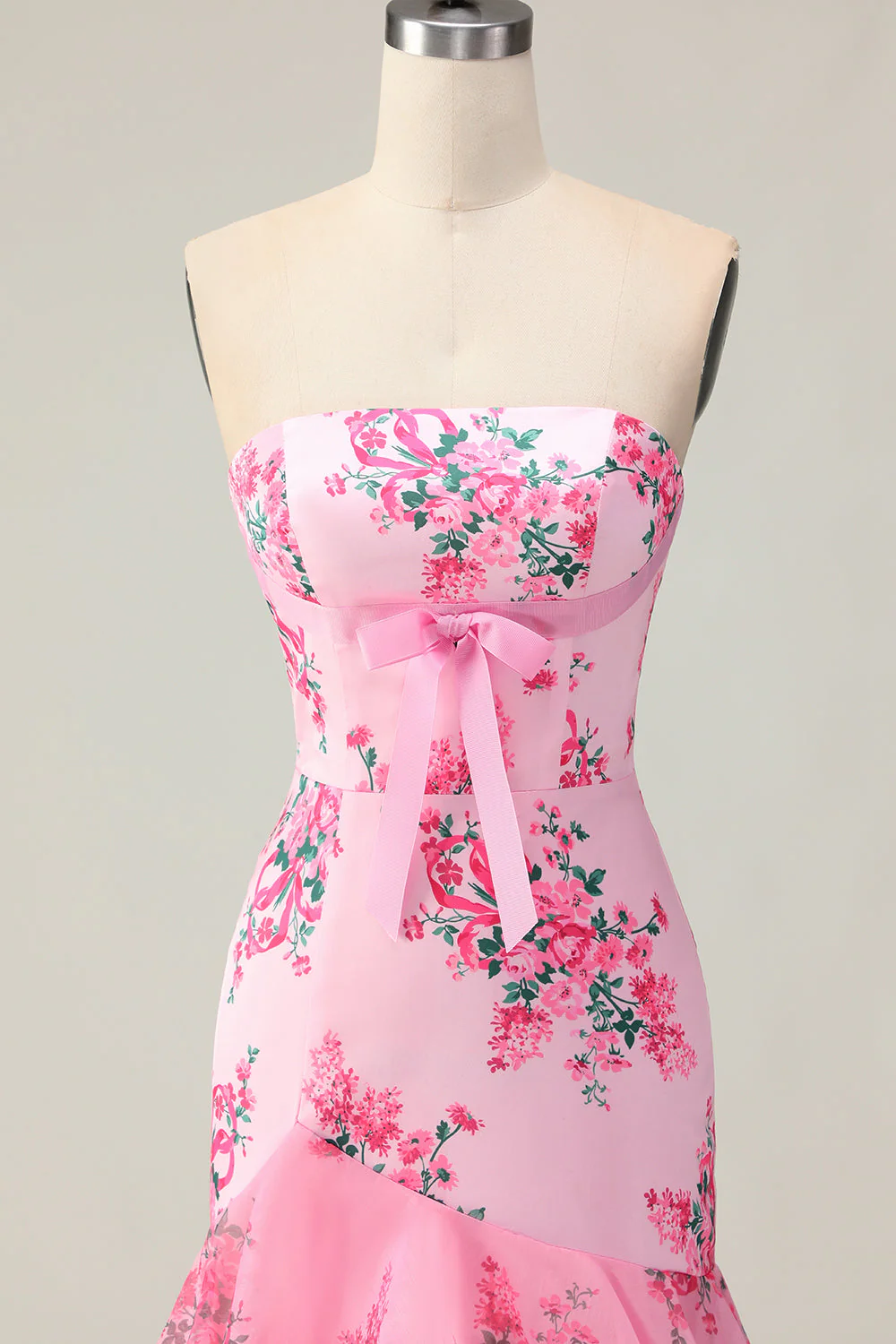 Pink Flower Strapless Tiered Mermaid Long Prom Dress with Ruffles - Image 4