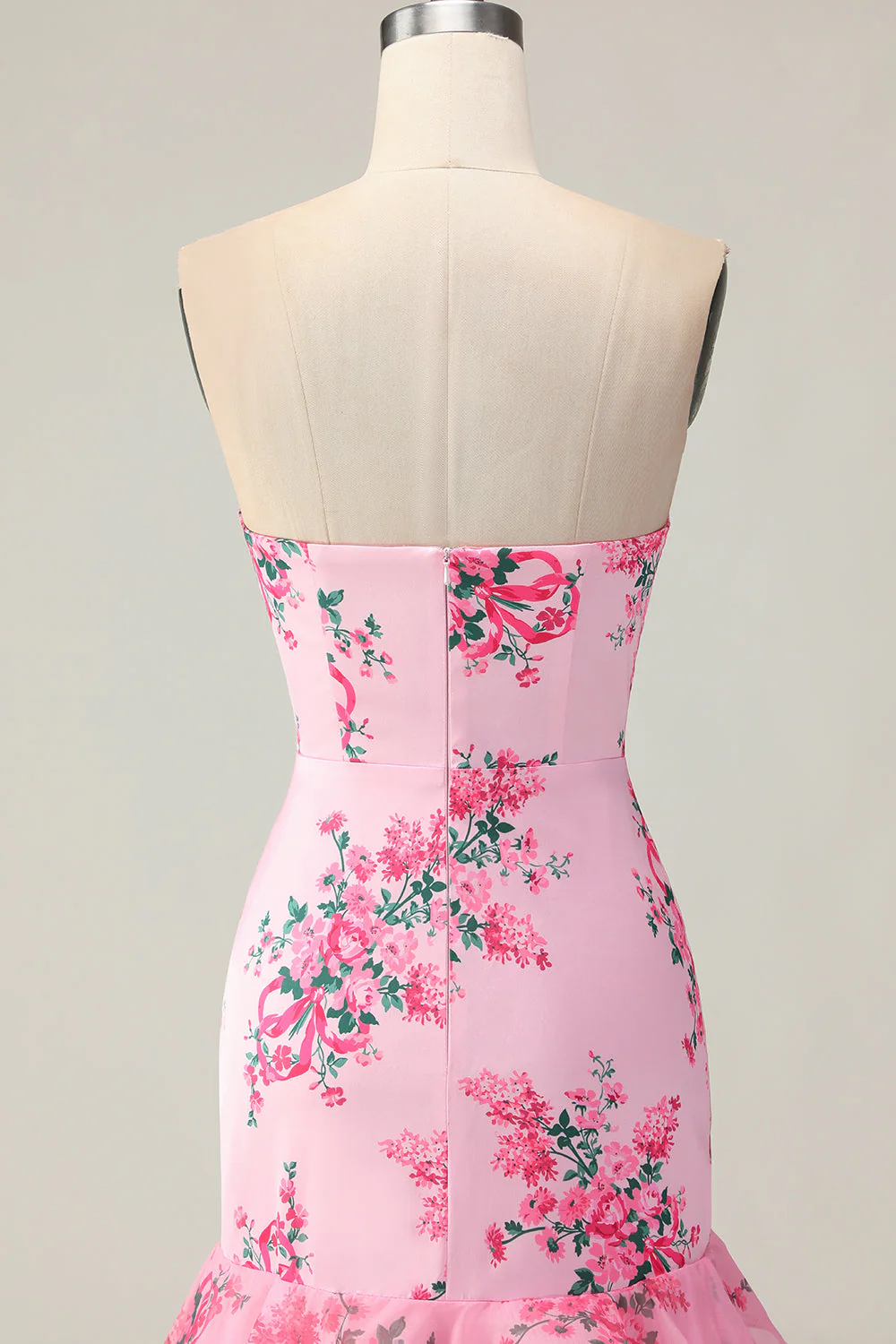 Pink Flower Strapless Tiered Mermaid Long Prom Dress with Ruffles - Image 5