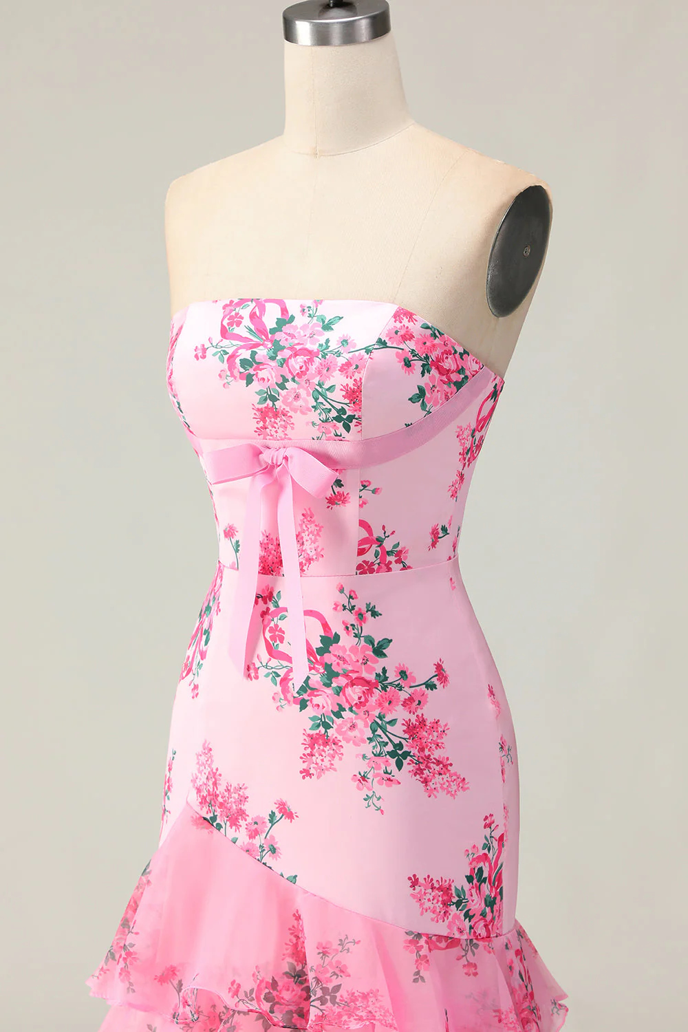 Pink Flower Strapless Tiered Mermaid Long Prom Dress with Ruffles - Image 6