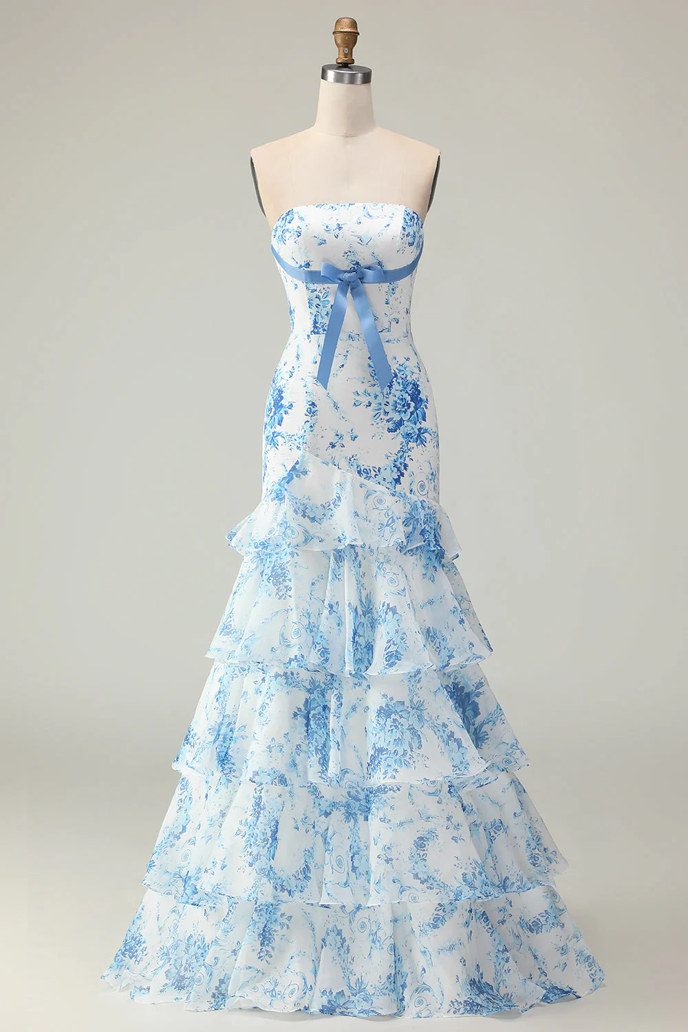 Pink Flower Strapless Tiered Mermaid Long Prom Dress with Ruffles - Image 7