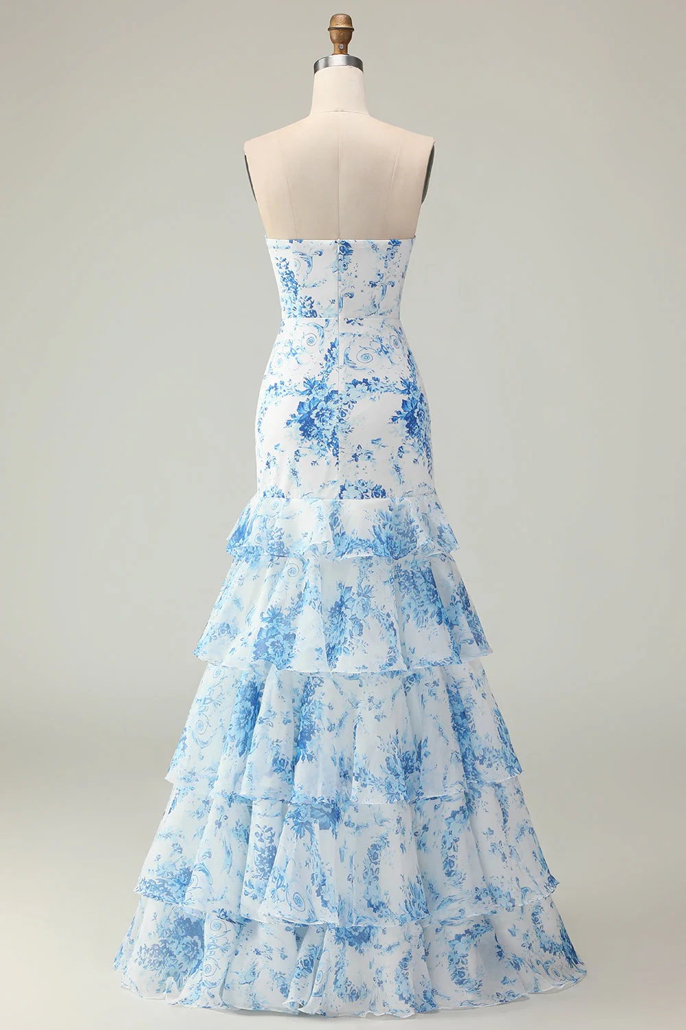 Pink Flower Strapless Tiered Mermaid Long Prom Dress with Ruffles - Image 8