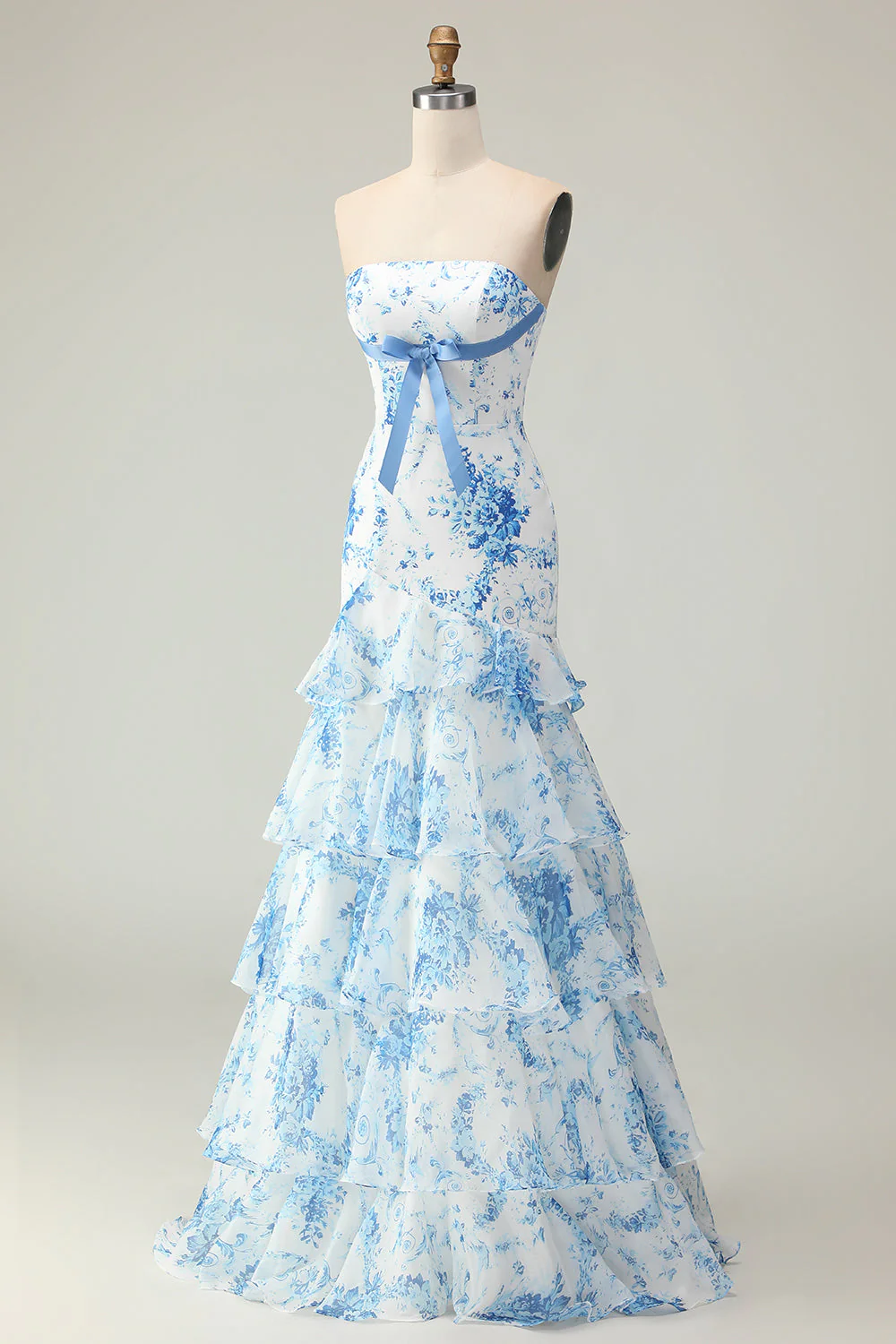 Pink Flower Strapless Tiered Mermaid Long Prom Dress with Ruffles - Image 9