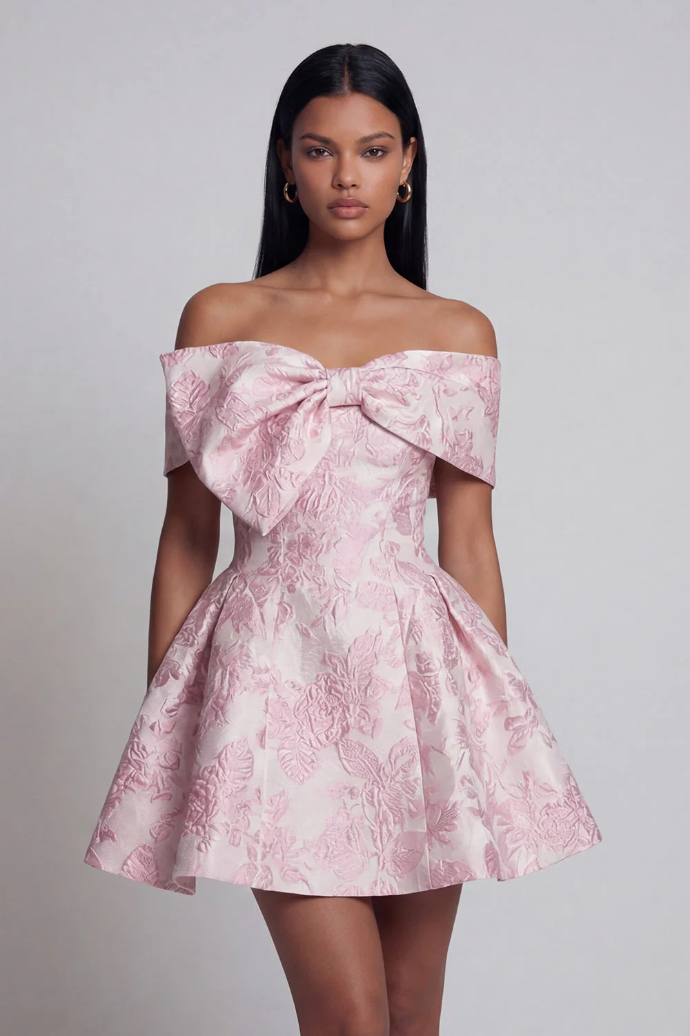 Pink Jacquard A-Line Off the Shoulder Mini Floral Dress With Bow - Image 3