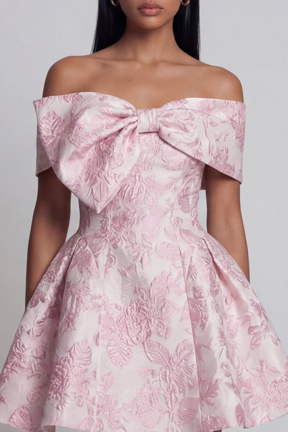 Pink Jacquard A-Line Off the Shoulder Mini Floral Dress With Bow - Image 4