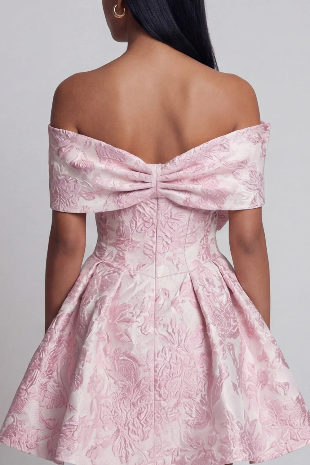 Pink Jacquard A-Line Off the Shoulder Mini Floral Dress With Bow - Image 5